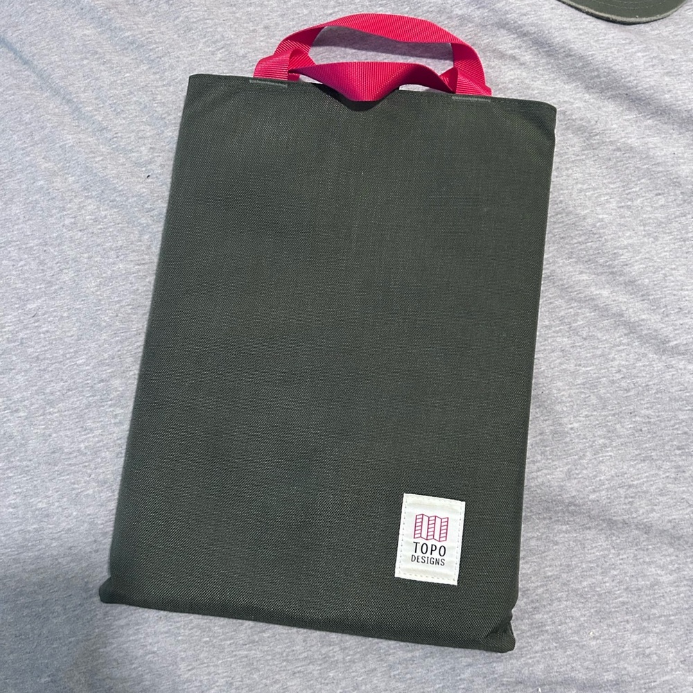 Topo Designs Dark Green Laptop Bag with Pink Handles